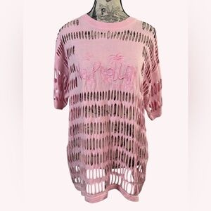 Jamaican Authentic Cutout Tee | Pink Embroidered “No Problem” Vibe Size L